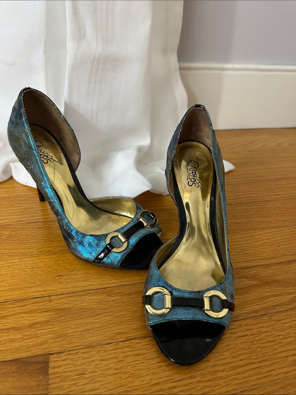 Carlos by Carlos Santana Iridescent Blue Peep-Toe Heels with Gold Accents